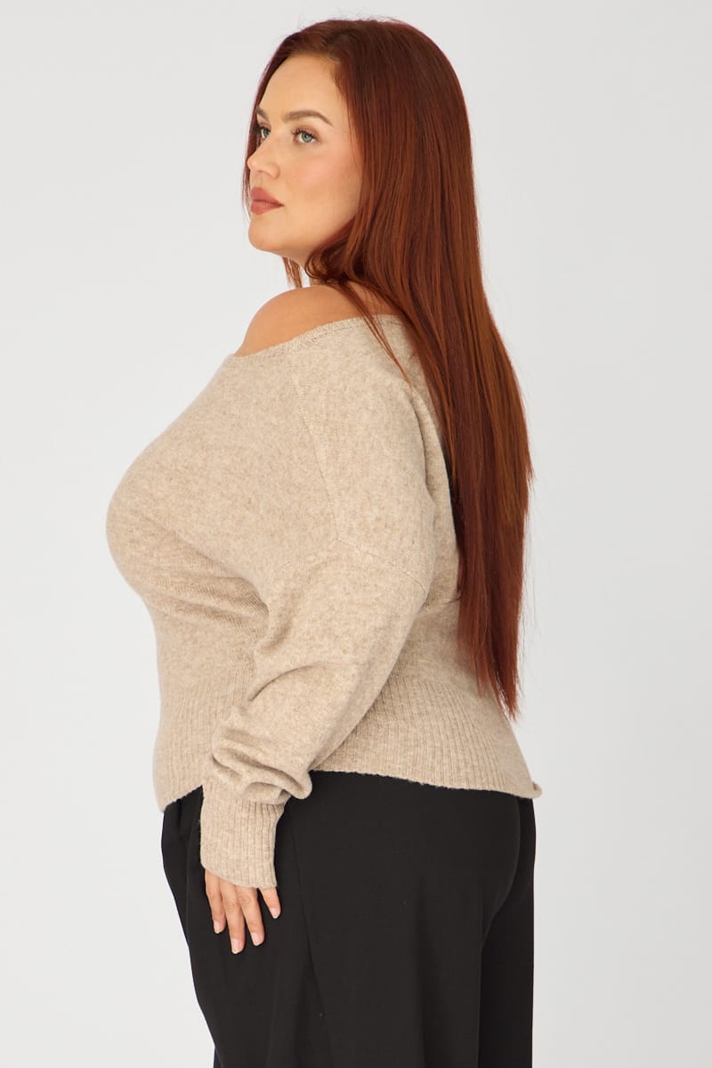 Beige Off Shoulder Long Sleeve Knit for YouandAll Fashion