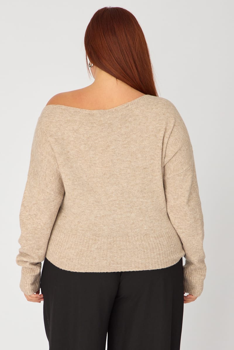 Beige Off Shoulder Long Sleeve Knit for YouandAll Fashion