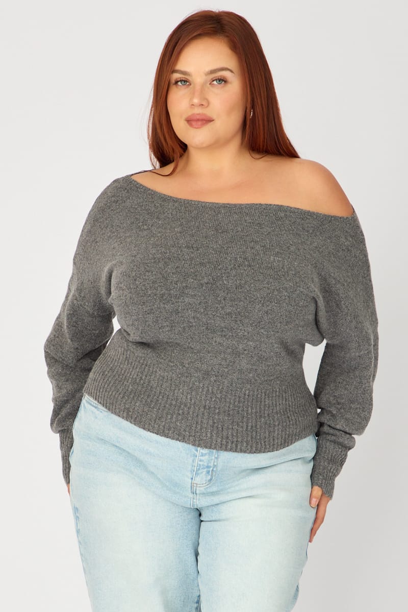 Grey Off Shoulder Long Sleeve Knit for YouandAll Fashion