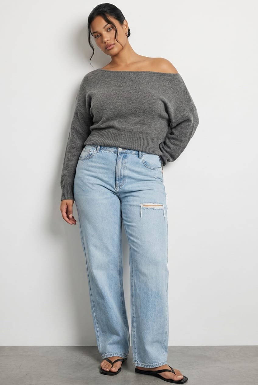 Grey Off Shoulder Long Sleeve Knit for YouandAll Fashion