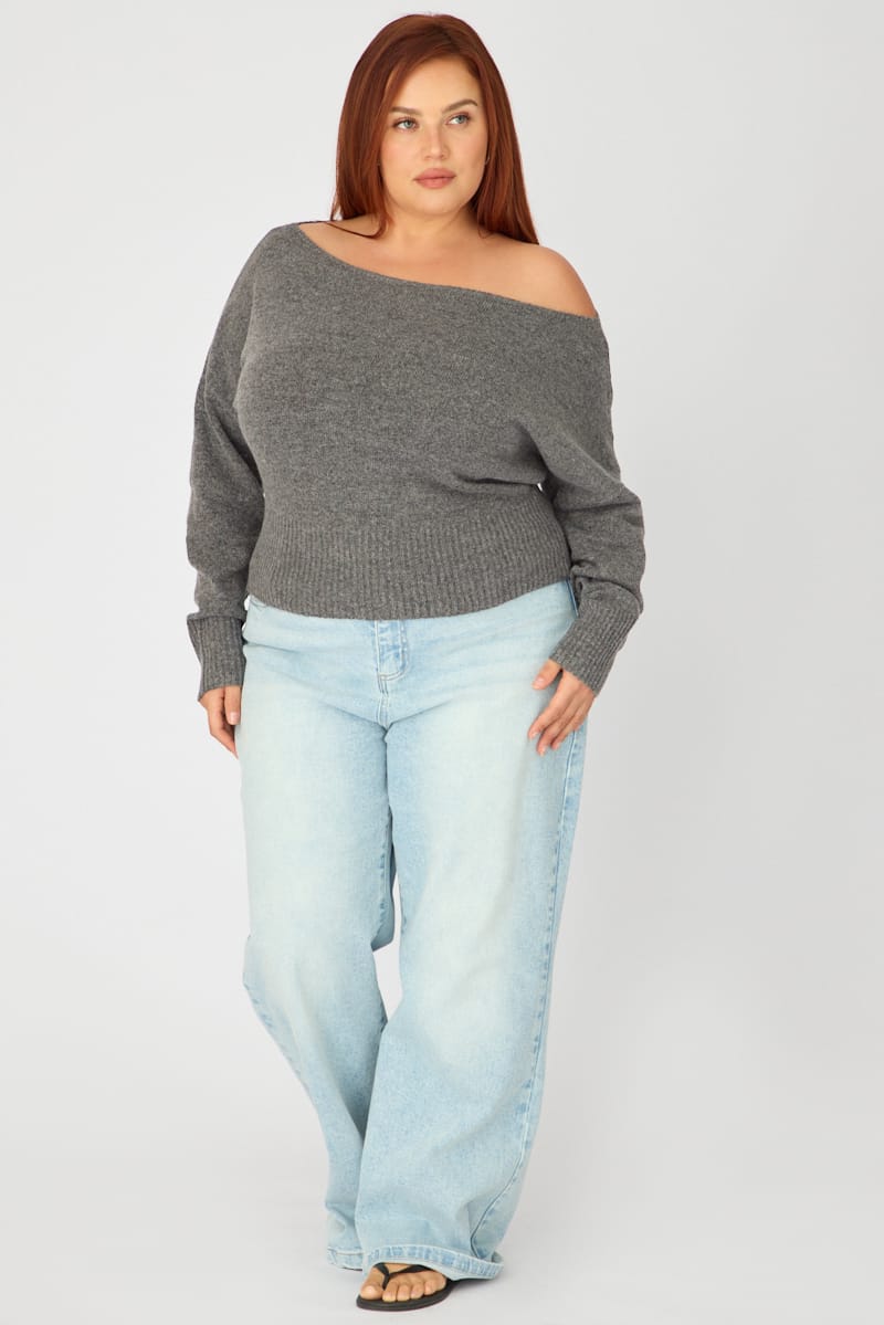 Grey Off Shoulder Long Sleeve Knit for YouandAll Fashion