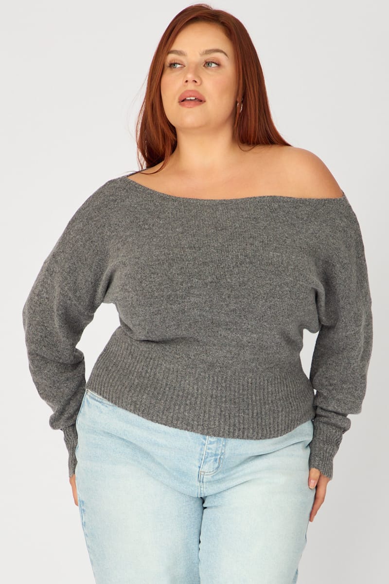 Grey Off Shoulder Long Sleeve Knit for YouandAll Fashion