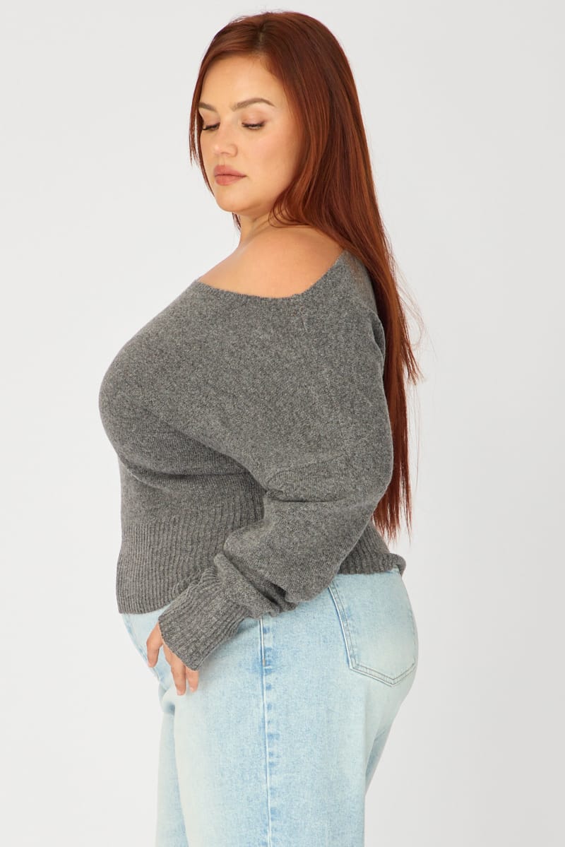 Grey Off Shoulder Long Sleeve Knit for YouandAll Fashion