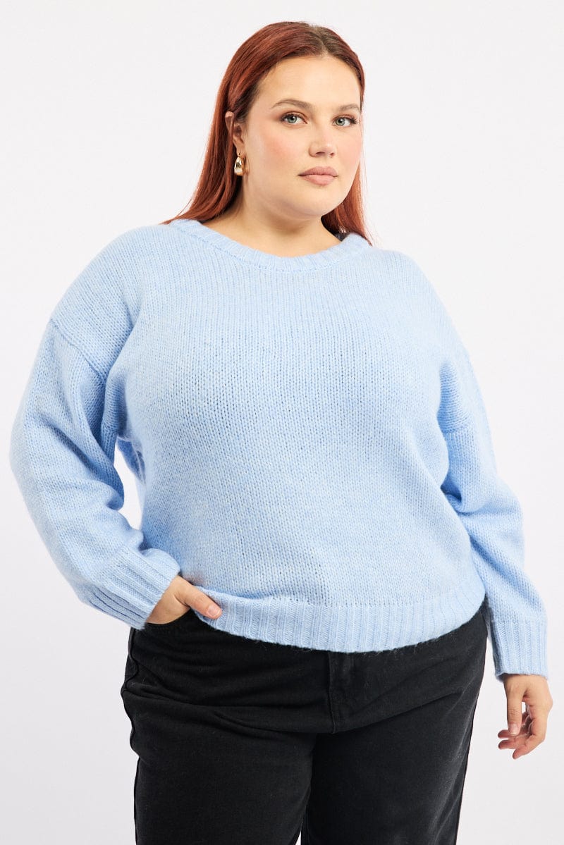 Blue Knit Jumper Long Sleeve Crew Neck for YouandAll Fashion