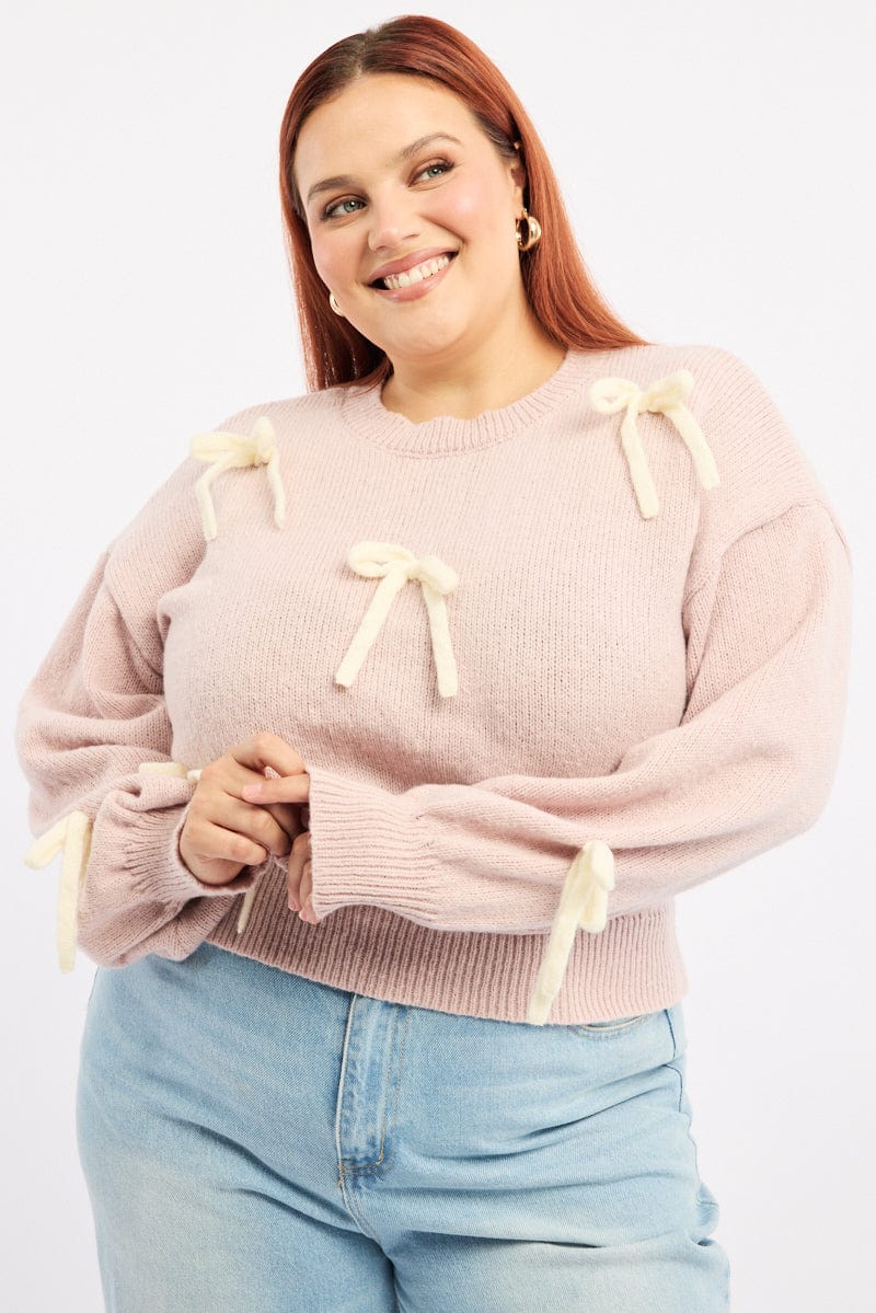 Pink Knit Jumper Long Sleeve Bow Tie for YouandAll Fashion