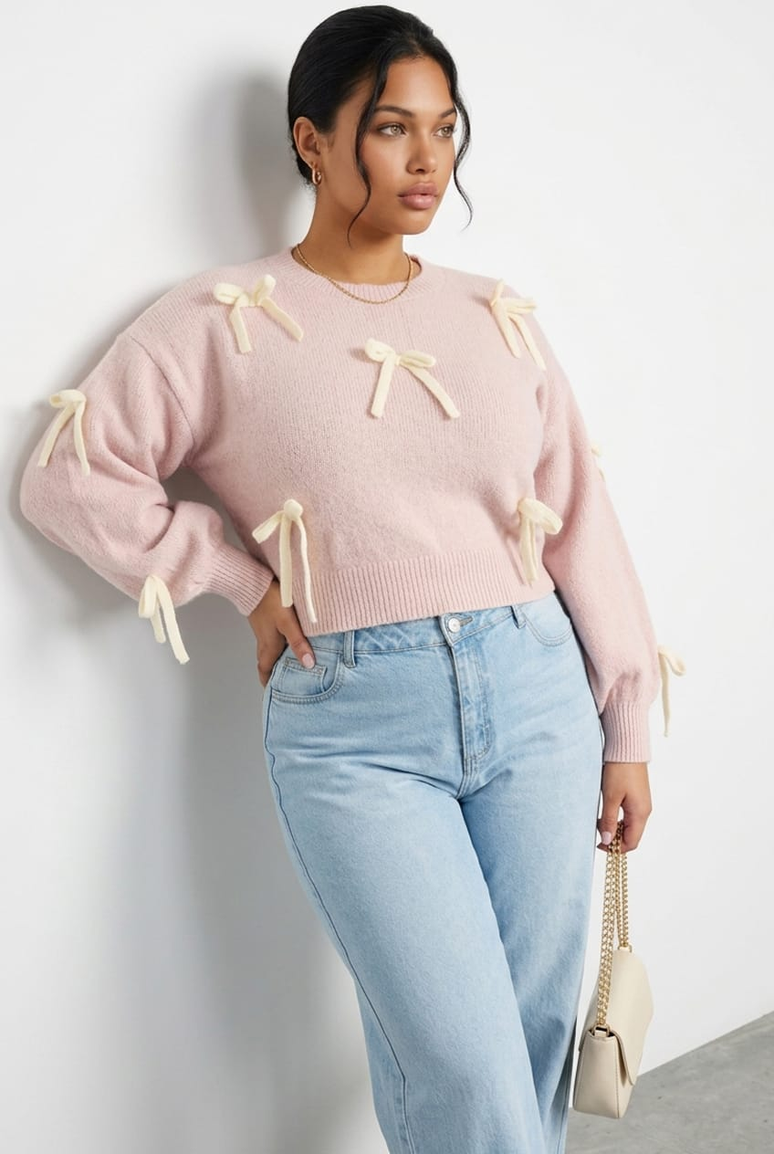 Pink Knit Jumper Long Sleeve Bow Tie for YouandAll Fashion