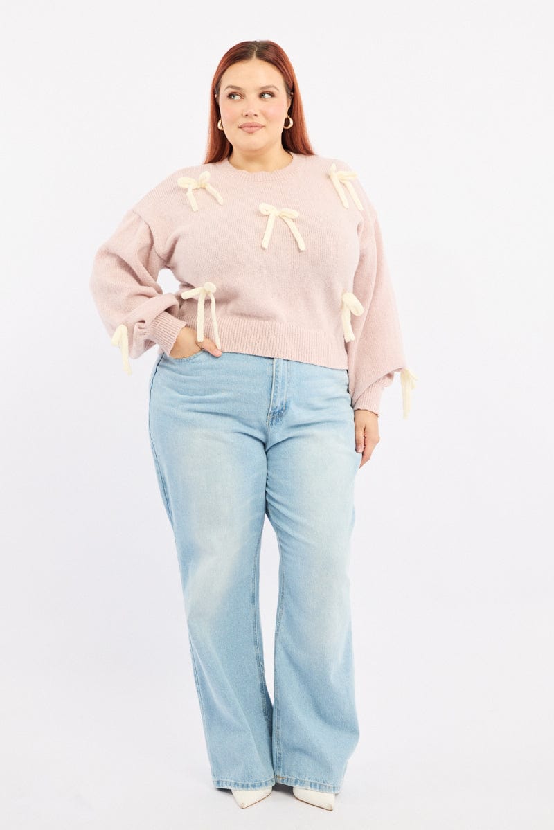 Pink Knit Jumper Long Sleeve Bow Tie for YouandAll Fashion