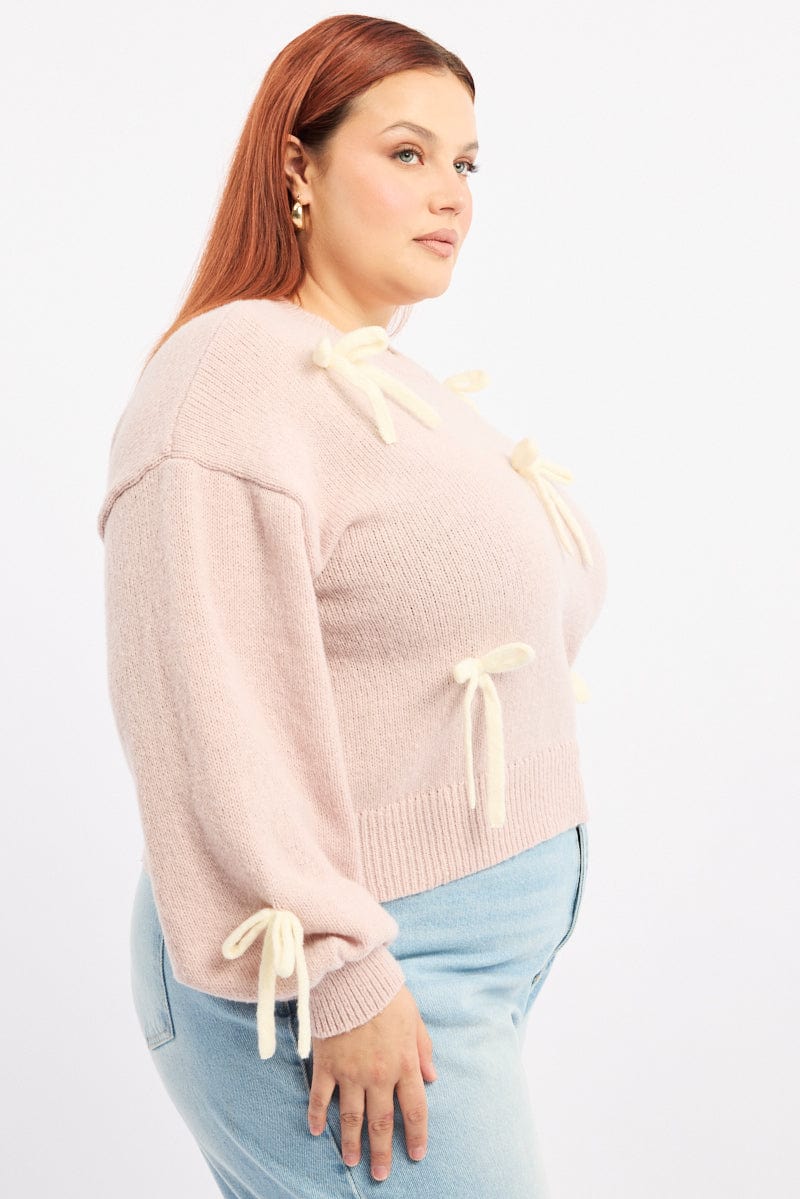 Pink Knit Jumper Long Sleeve Bow Tie for YouandAll Fashion