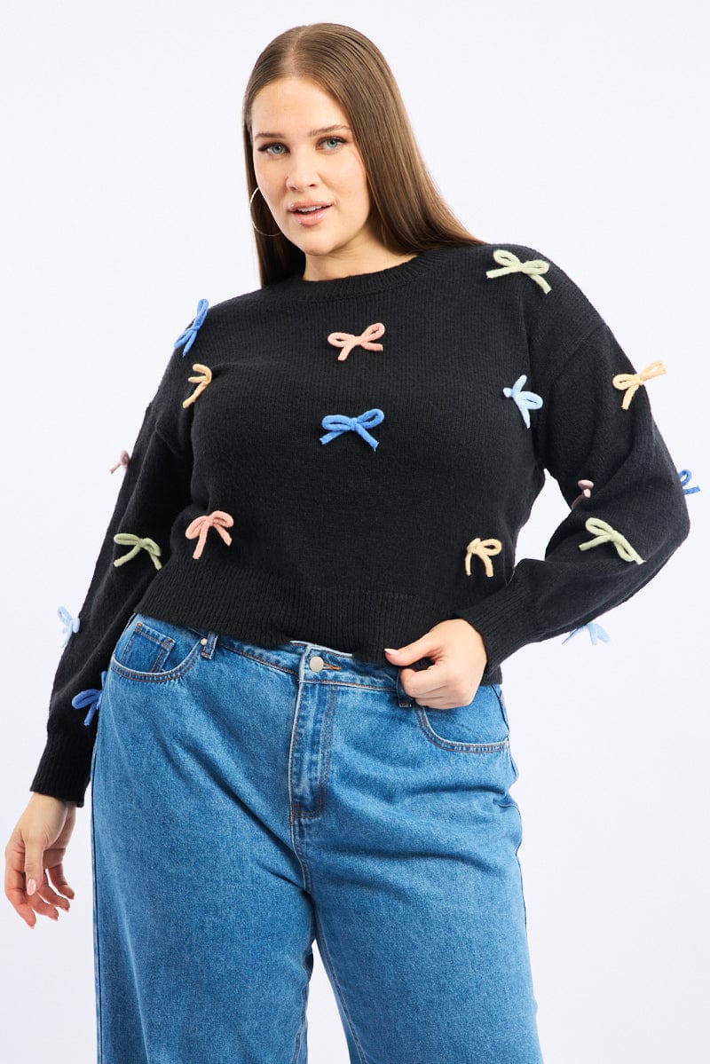 Black Knit Jumper Long Sleeve Bow Tie Detail for YouandAll Fashion