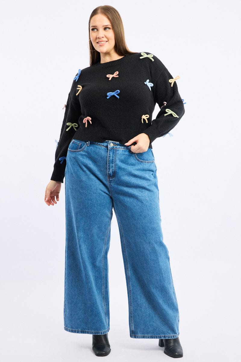 Black Knit Jumper Long Sleeve Bow Tie Detail for YouandAll Fashion