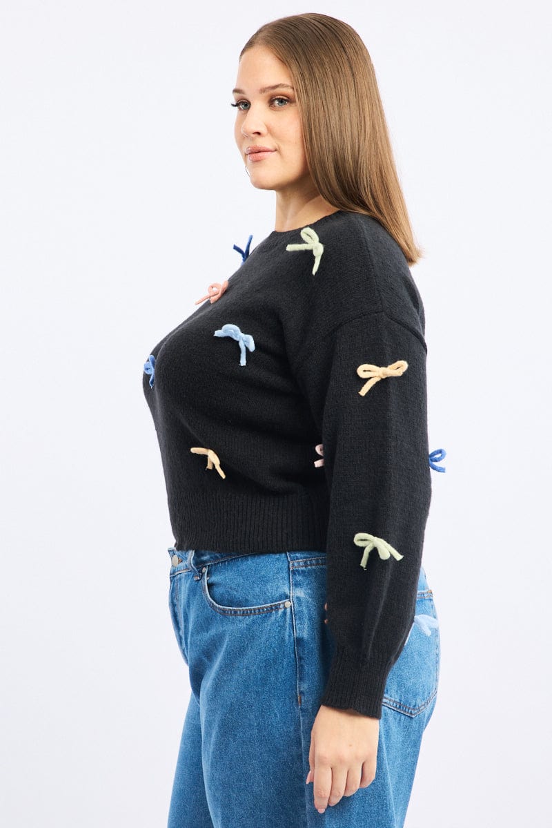 Black Knit Jumper Long Sleeve Bow Tie Detail for YouandAll Fashion