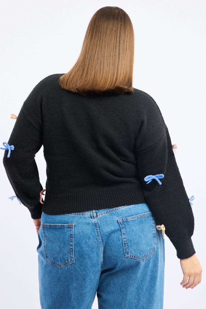Black Knit Jumper Long Sleeve Bow Tie Detail for YouandAll Fashion