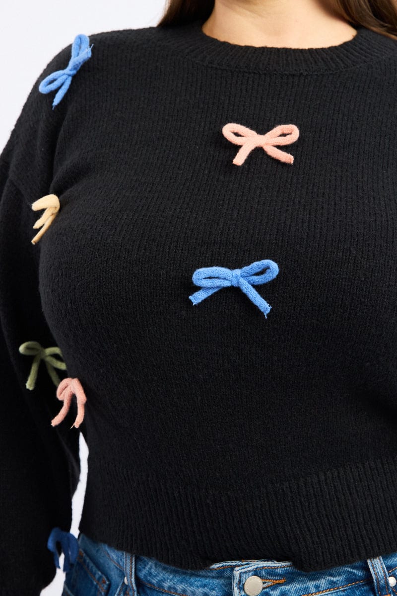 Black Knit Jumper Long Sleeve Bow Tie Detail for YouandAll Fashion
