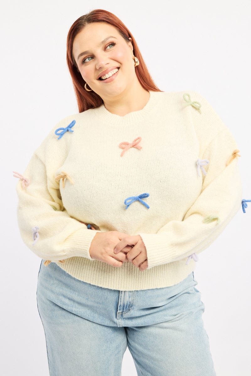 White Knit Jumper Long Sleeve Bow Tie Detail for YouandAll Fashion