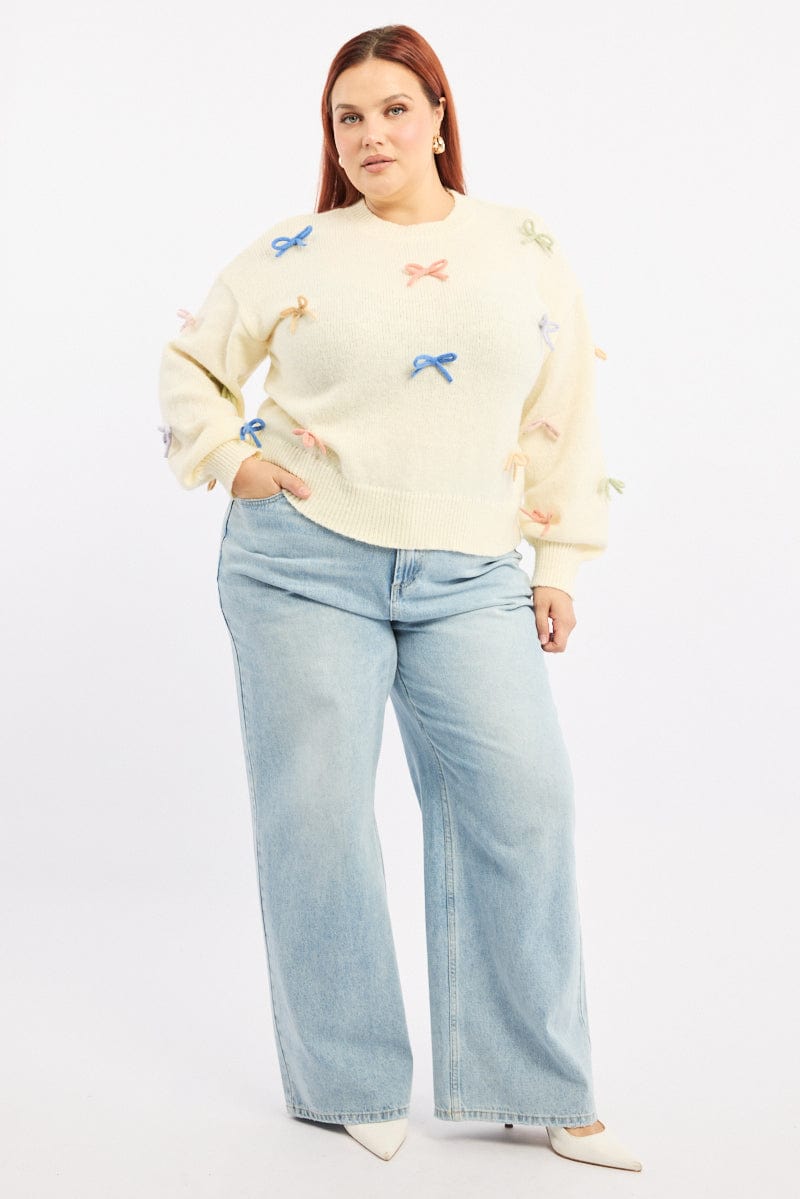 White Knit Jumper Long Sleeve Bow Tie Detail for YouandAll Fashion