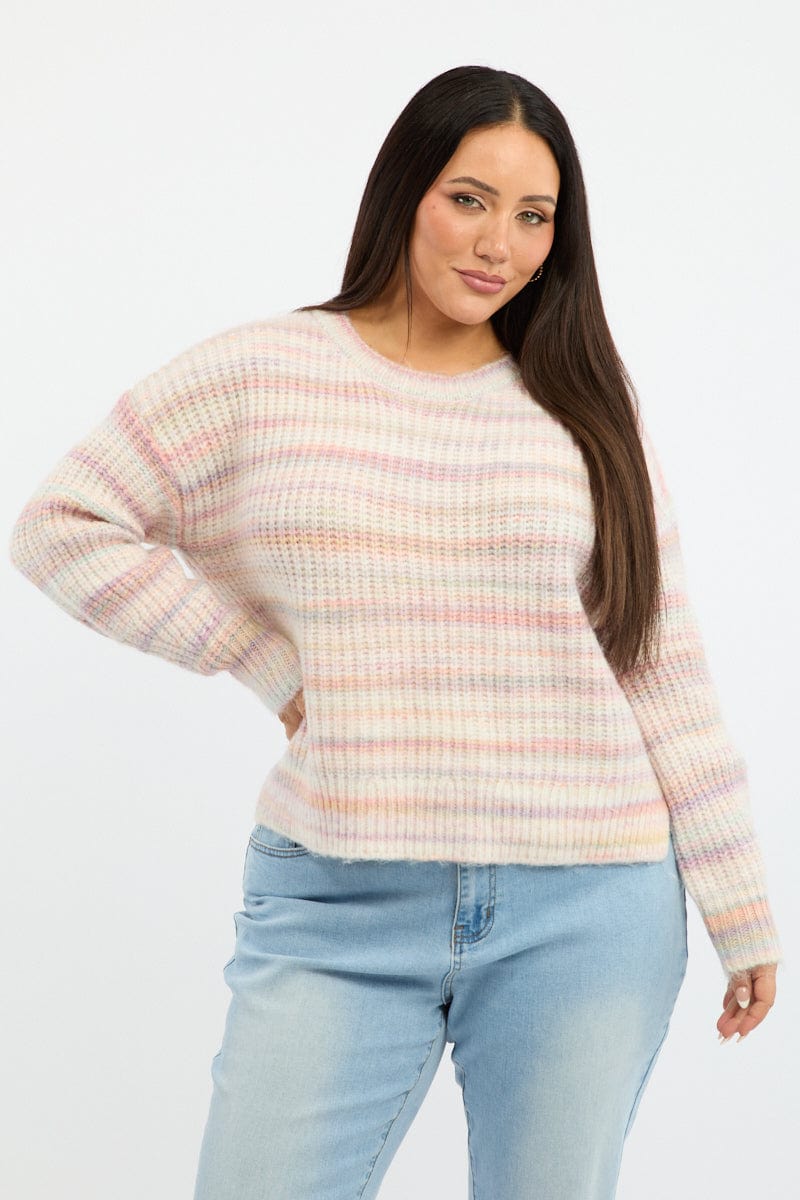 Pink Stripe Jumper Long Sleeve Crew Neck for YouandAll Fashion