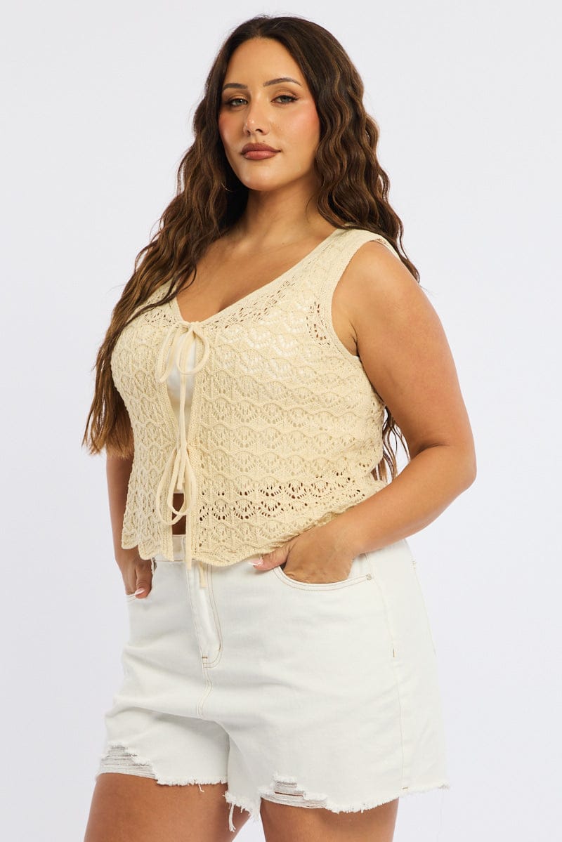 Beige Crochet Knit Vest Tie Up for YouandAll Fashion