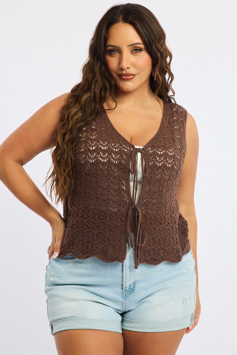 Brown Crochet Knit Vest Tie Up for YouandAll Fashion
