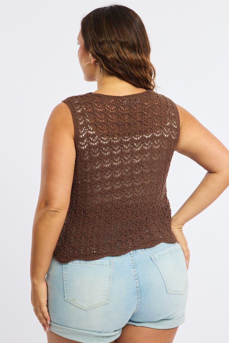 Brown Crochet Knit Vest Tie Up for YouandAll Fashion