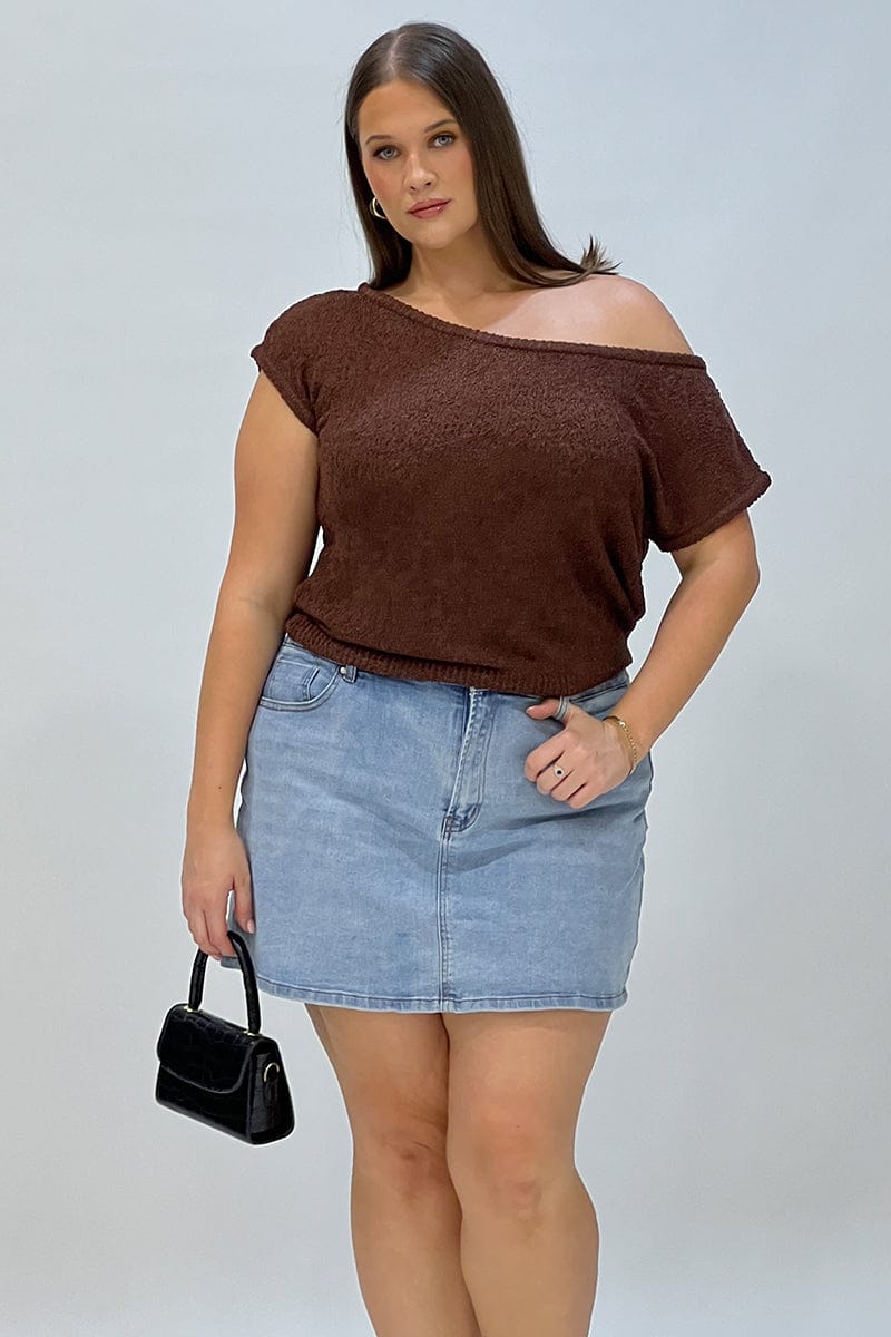Brown Asymmetrical Knit Top for YouandAll Fashion