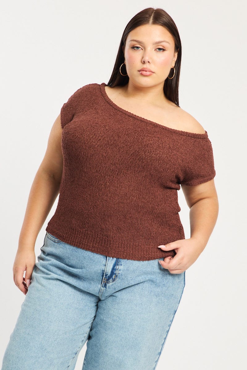 Brown Asymmetrical Knit Top for YouandAll Fashion