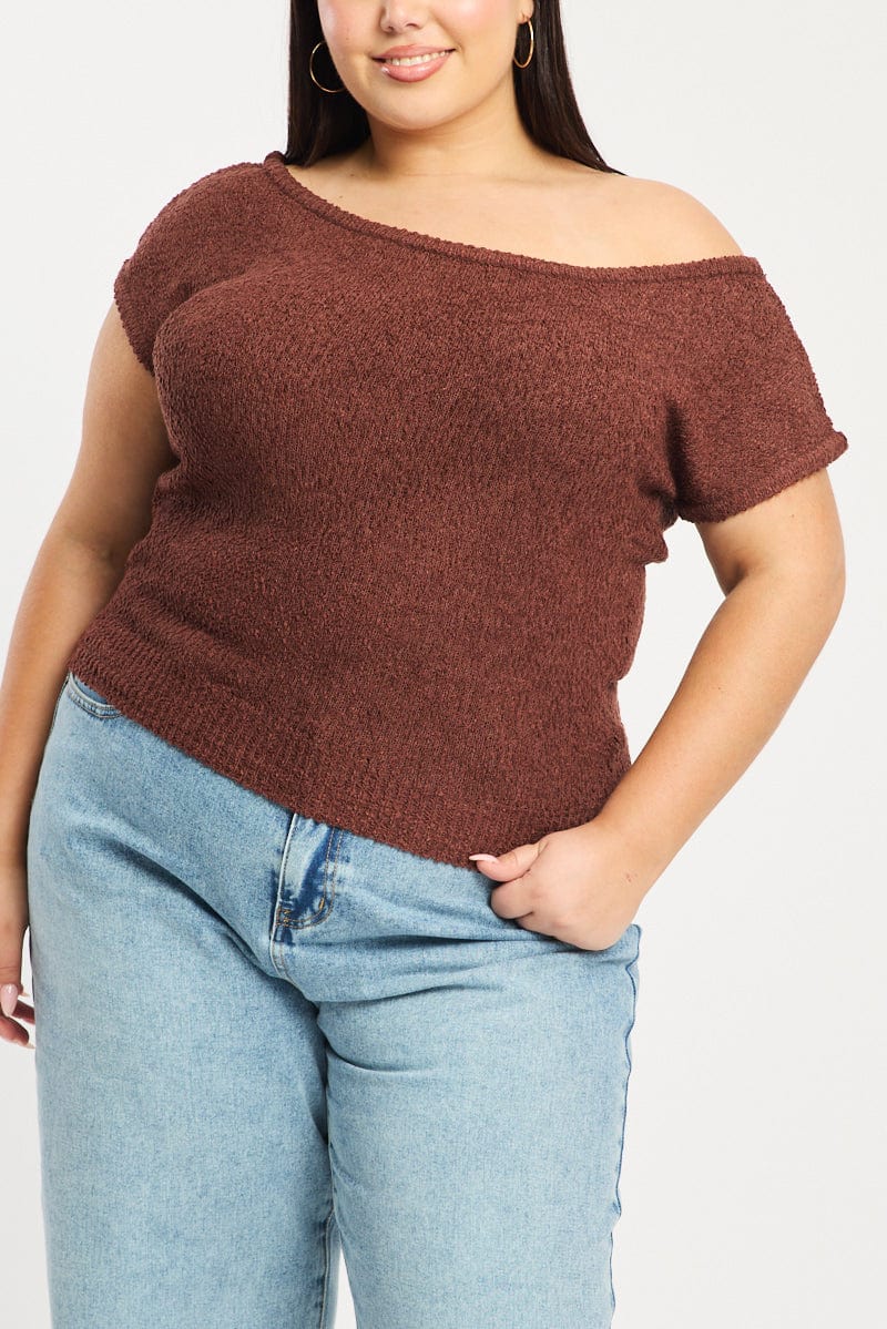 Brown Asymmetrical Knit Top for YouandAll Fashion