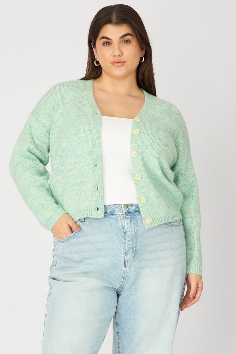 Green Knit Cardigan Long Sleeve Mixed Yarn for YouandAll Fashion