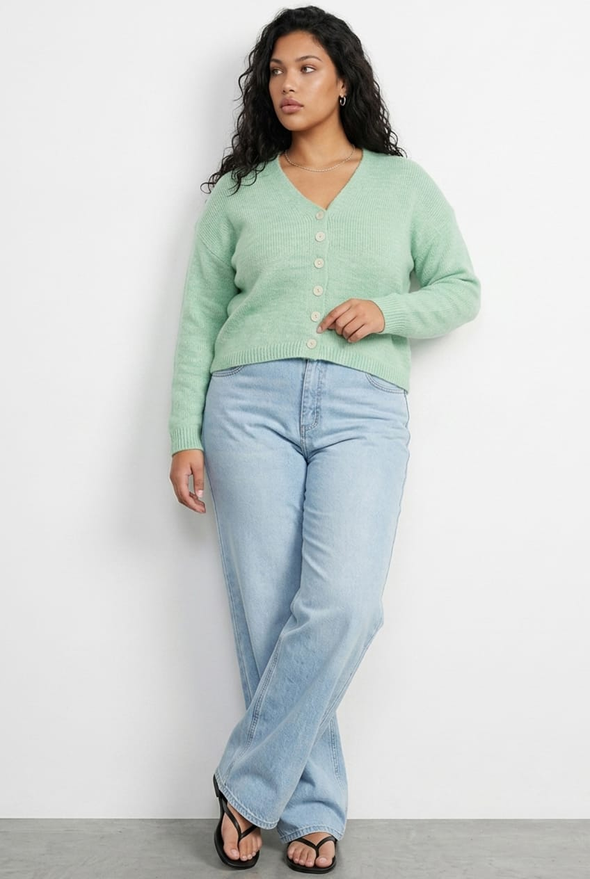 Green Knit Cardigan Long Sleeve Mixed Yarn for YouandAll Fashion