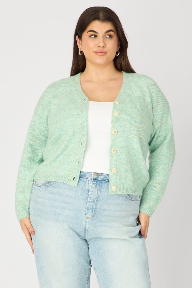Green Knit Cardigan Long Sleeve Mixed Yarn for YouandAll Fashion