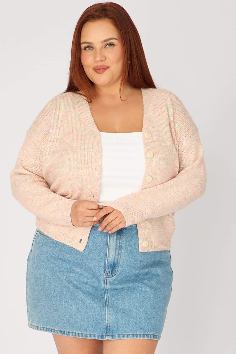 Pink Knit Cardigan Long Sleeve Mixed Yarn for YouandAll Fashion