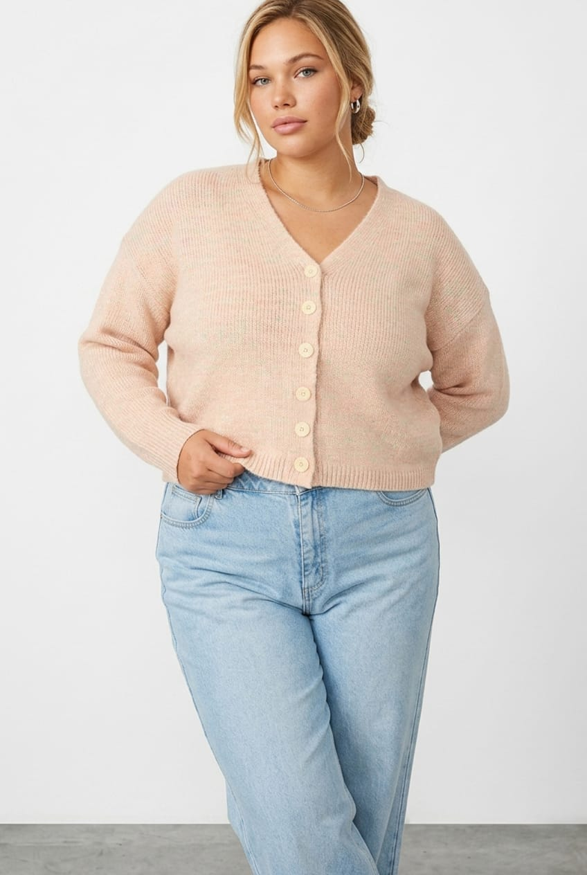 Pink Knit Cardigan Long Sleeve Mixed Yarn for YouandAll Fashion