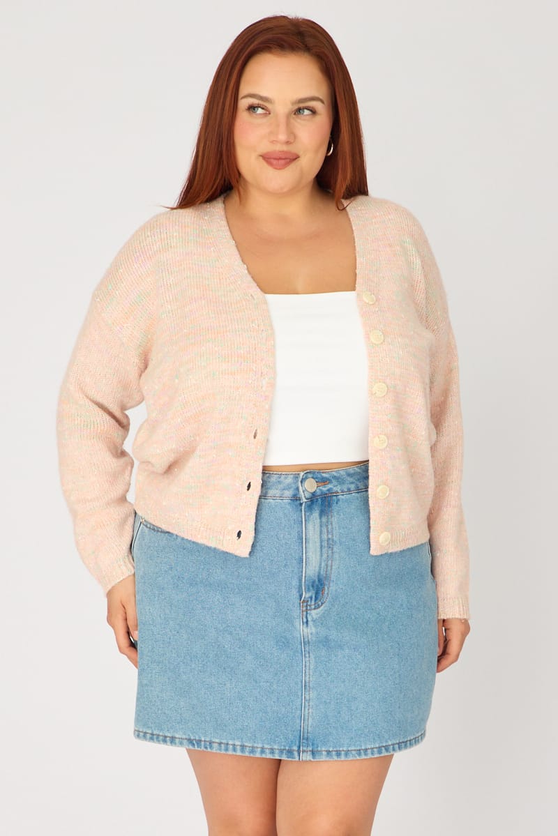 Pink Knit Cardigan Long Sleeve Mixed Yarn for YouandAll Fashion