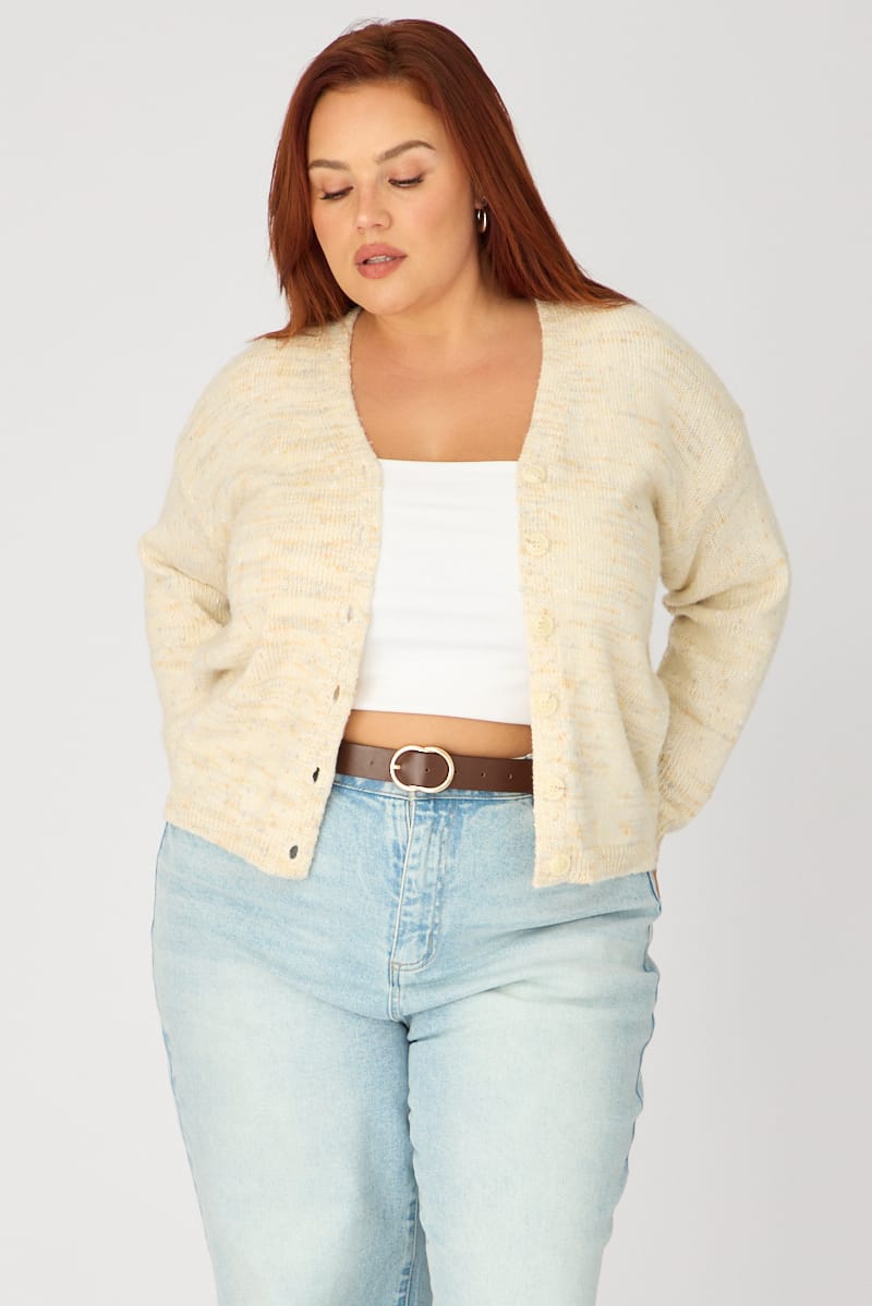 Beige Knit Cardigan Long Sleeve Mixed Yarn for YouandAll Fashion