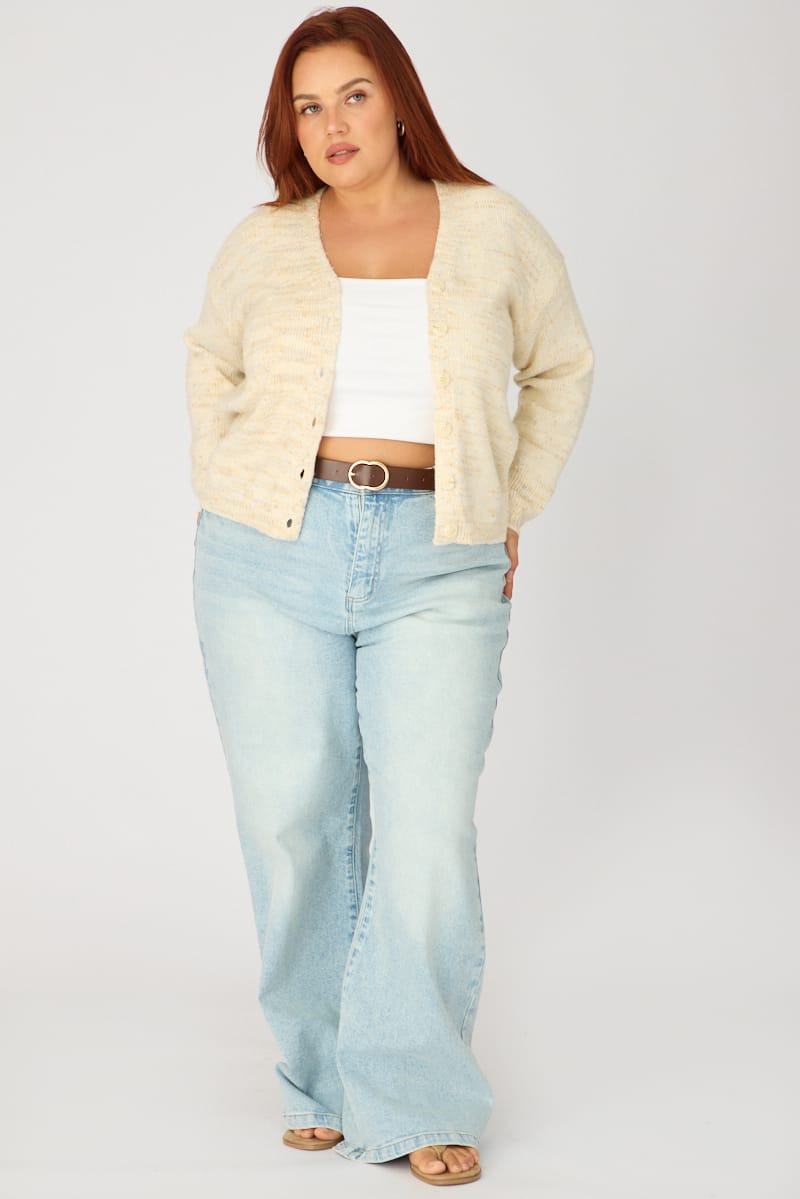 Beige Knit Cardigan Long Sleeve Mixed Yarn for YouandAll Fashion