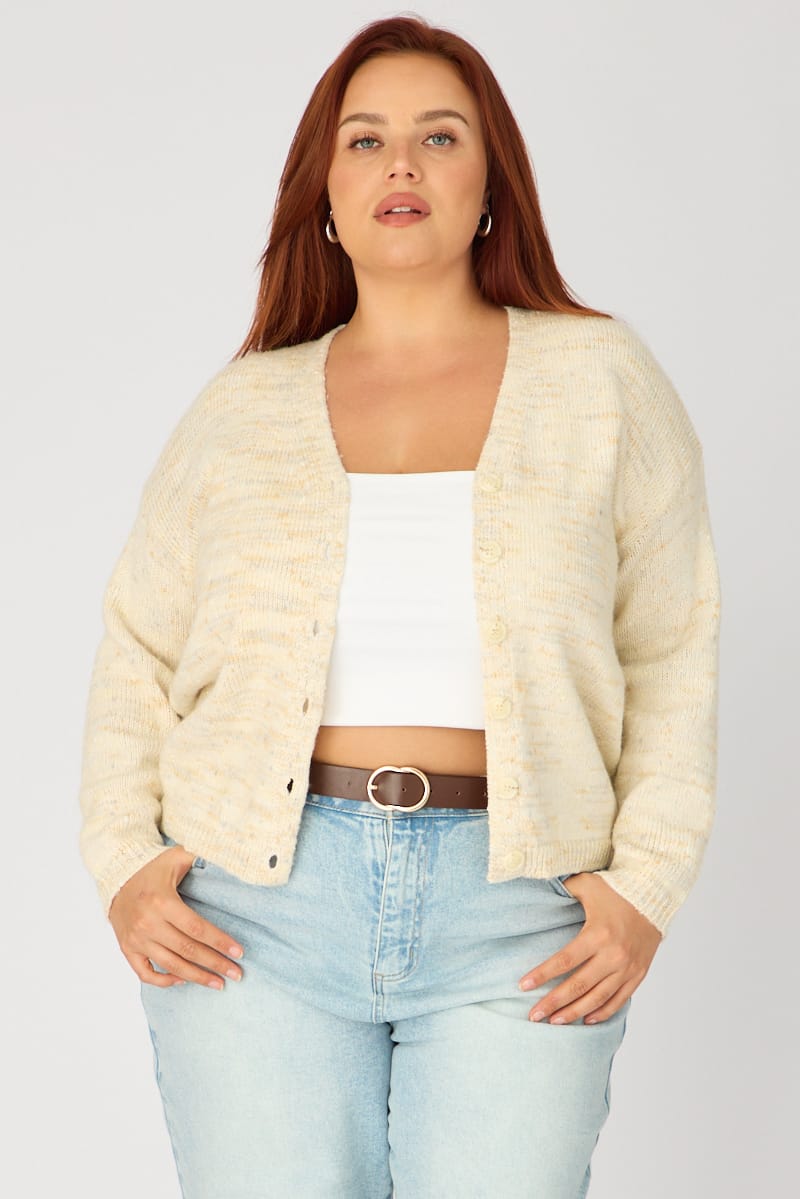 Beige Knit Cardigan Long Sleeve Mixed Yarn for YouandAll Fashion