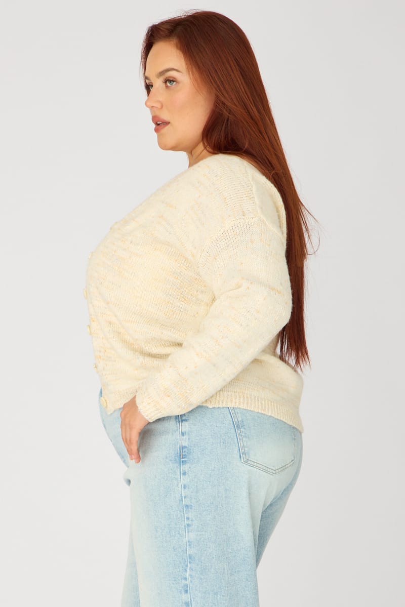 Beige Knit Cardigan Long Sleeve Mixed Yarn for YouandAll Fashion