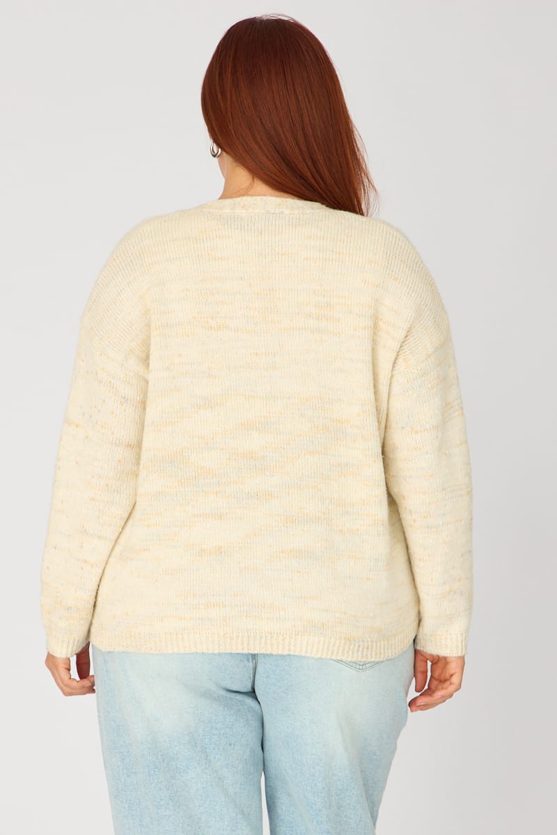 Beige Knit Cardigan Long Sleeve Mixed Yarn for YouandAll Fashion