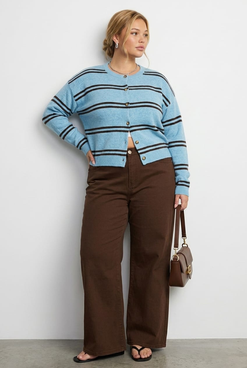 Blue Stripe Knit Cardigan Long Sleeve Button Front