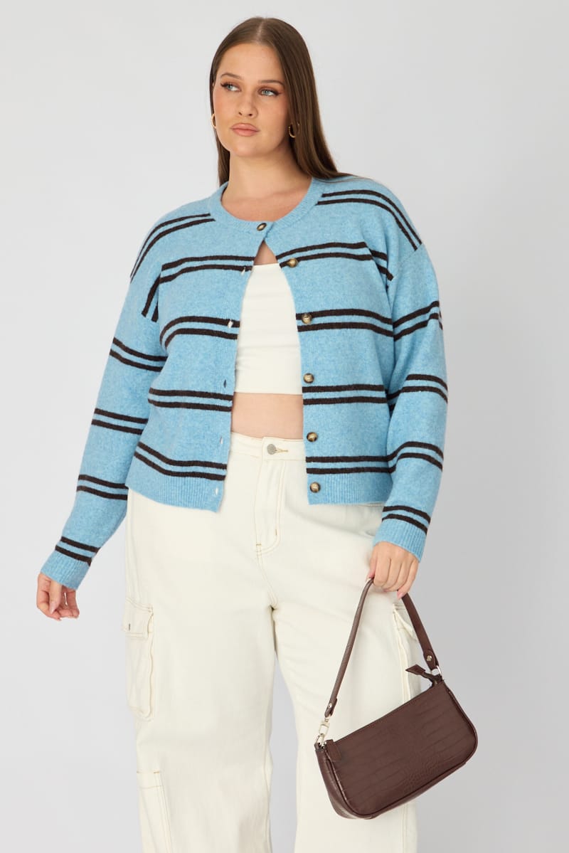 Blue Stripe Knit Cardigan Long Sleeve Button Front for YouandAll Fashion