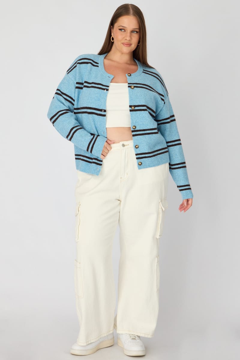 Blue Stripe Knit Cardigan Long Sleeve Button Front for YouandAll Fashion