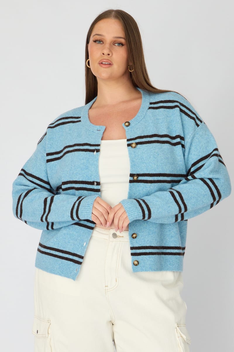 Blue Stripe Knit Cardigan Long Sleeve Button Front for YouandAll Fashion