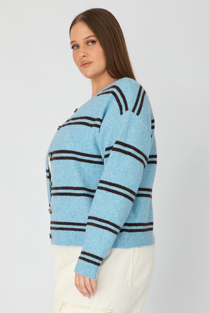 Blue Stripe Knit Cardigan Long Sleeve Button Front for YouandAll Fashion