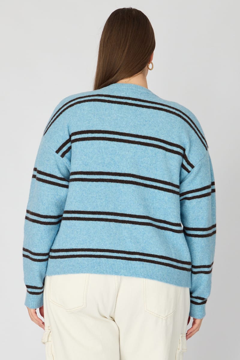 Blue Stripe Knit Cardigan Long Sleeve Button Front for YouandAll Fashion