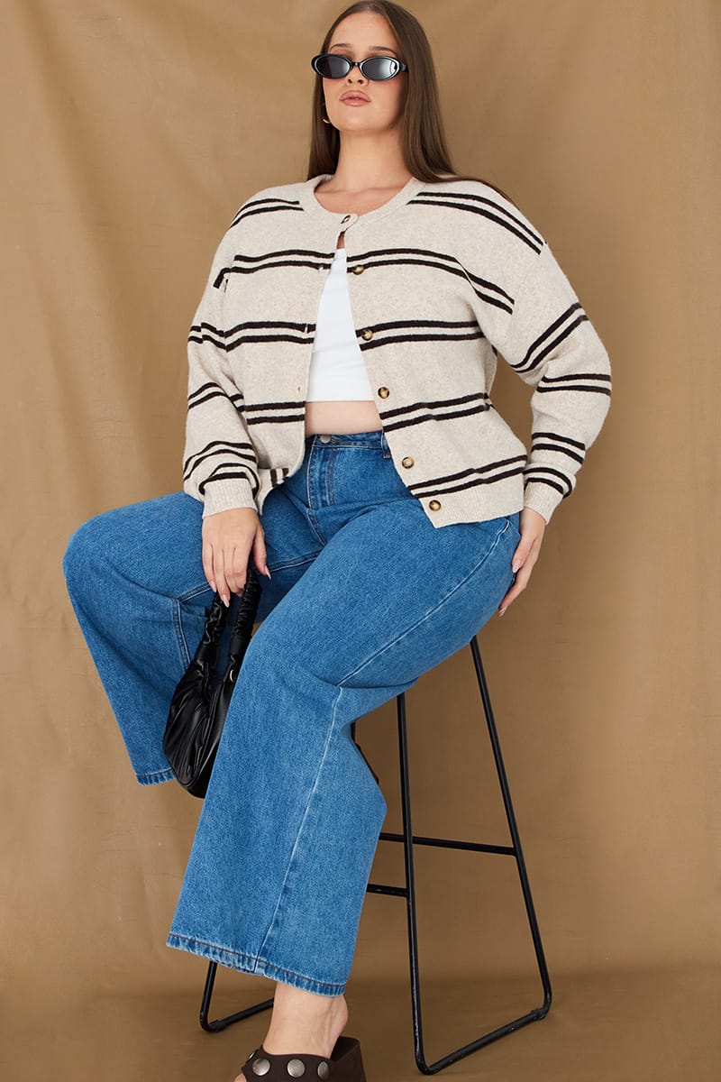 Beige Stripe Knit Cardigan Long Sleeve Button Front for YouandAll Fashion