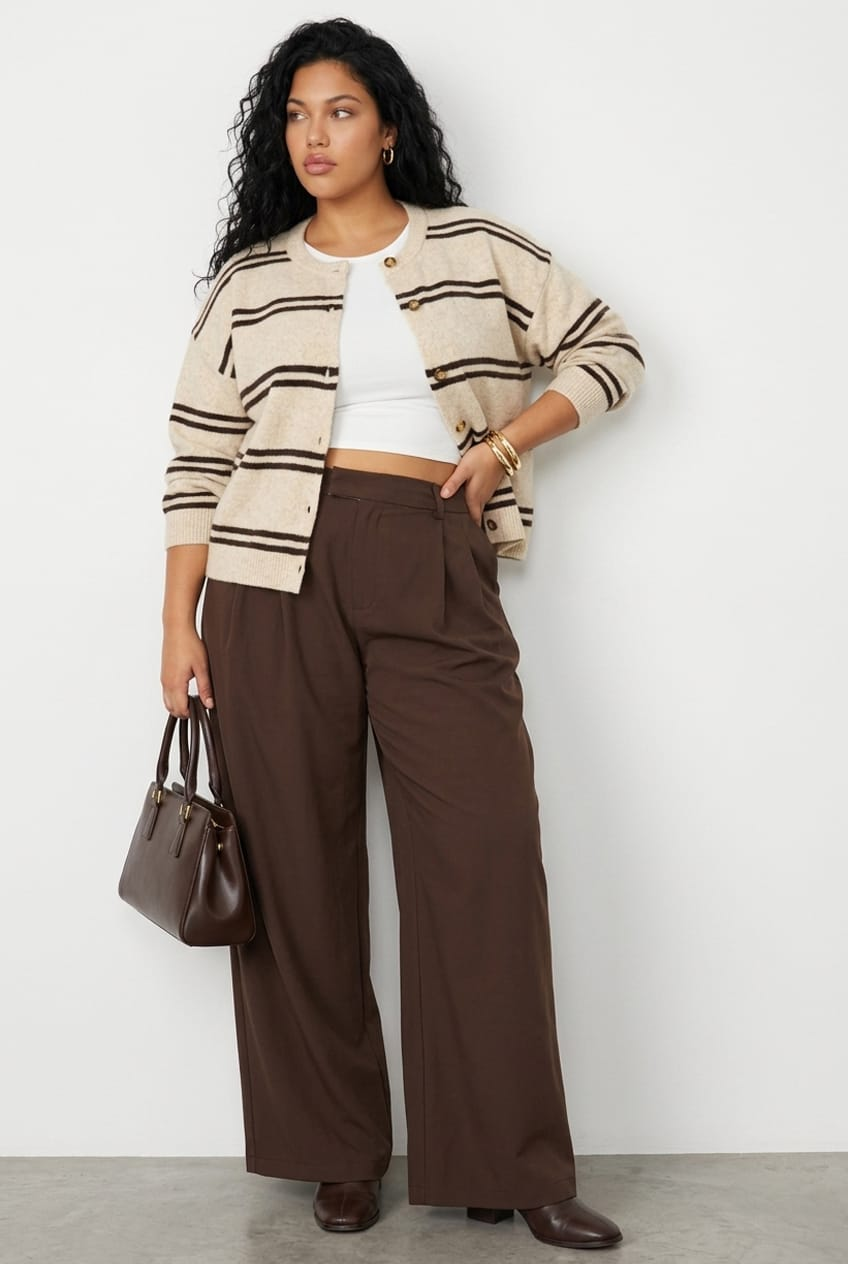 Beige Stripe Knit Cardigan Long Sleeve Button Front for YouandAll Fashion