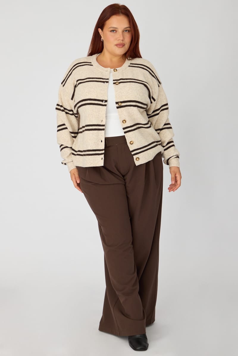Beige Stripe Knit Cardigan Long Sleeve Button Front for YouandAll Fashion