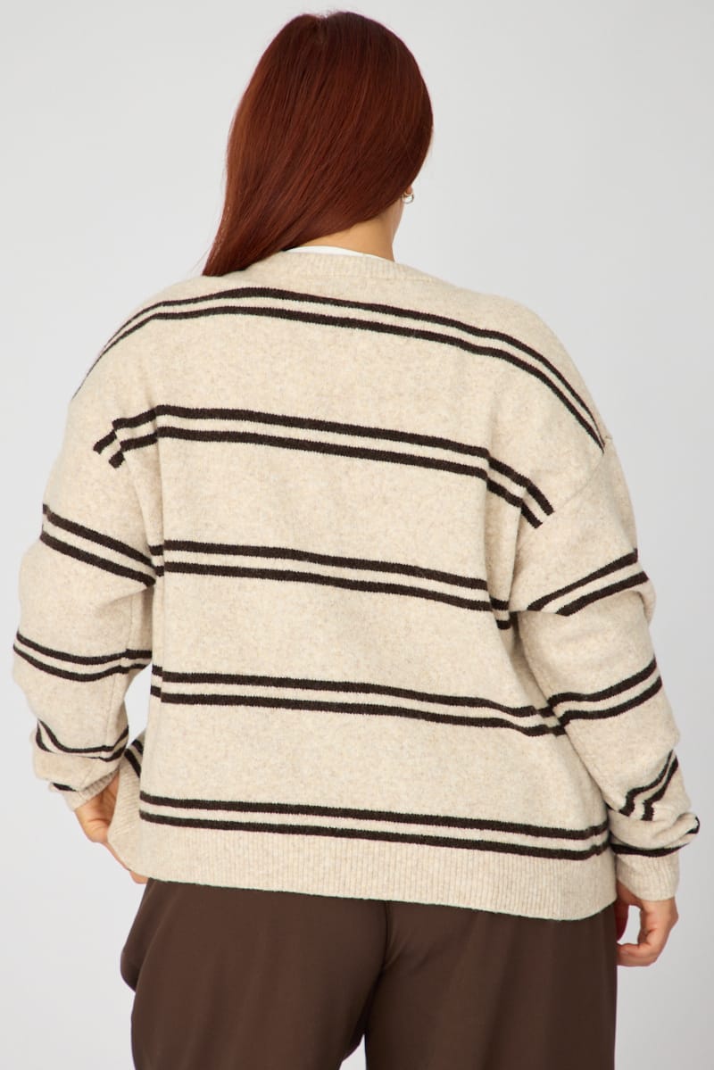 Beige Stripe Knit Cardigan Long Sleeve Button Front for YouandAll Fashion