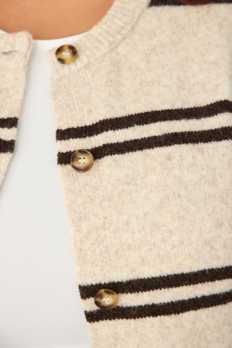Beige Stripe Knit Cardigan Long Sleeve Button Front for YouandAll Fashion