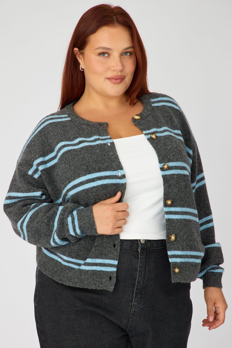 Grey Stripe Knit Cardigan Long Sleeve Button Front for YouandAll Fashion