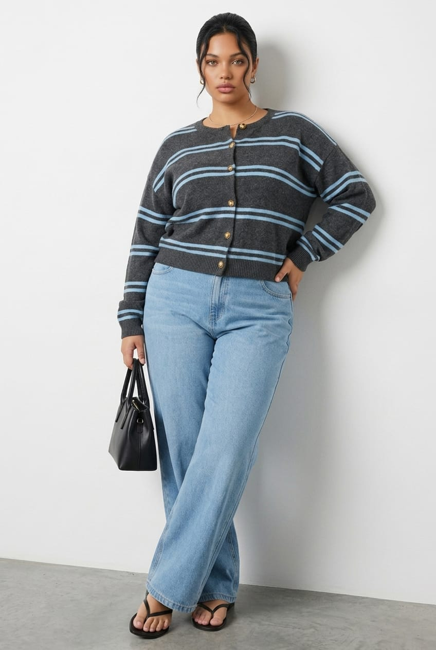 Grey Stripe Knit Cardigan Long Sleeve Button Front for YouandAll Fashion